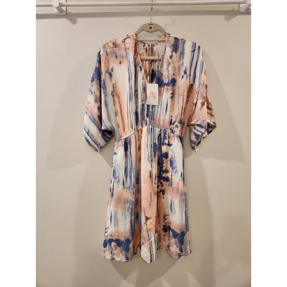 Staccato Women's Mini Dress Boho Artsy Flowy‎ Short Sleeve Pink Blue Size Medium